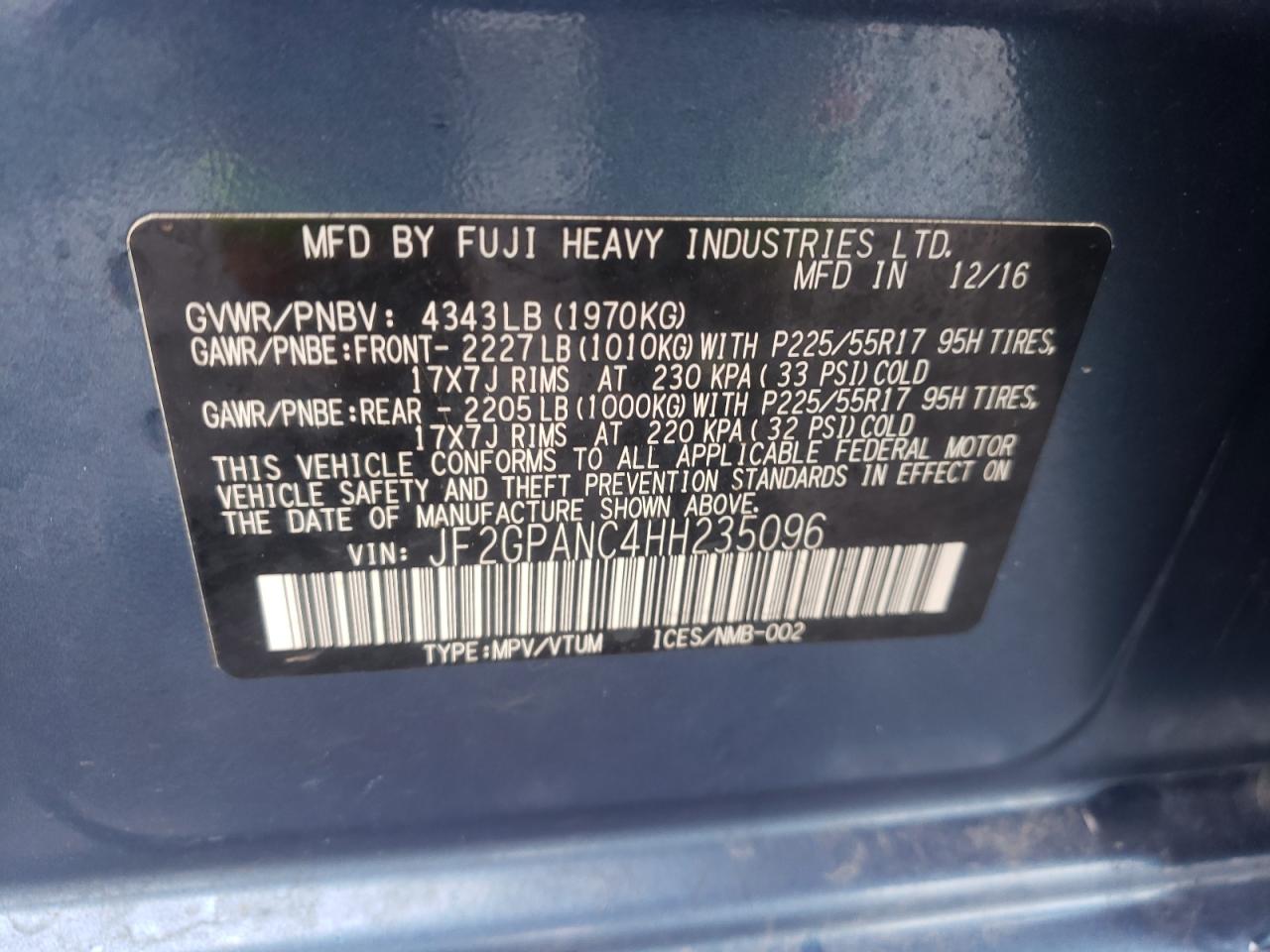 Photo 10 from auction – 2017 SUBARU CROSSTREK with VIN JF2GPANC4HH235096