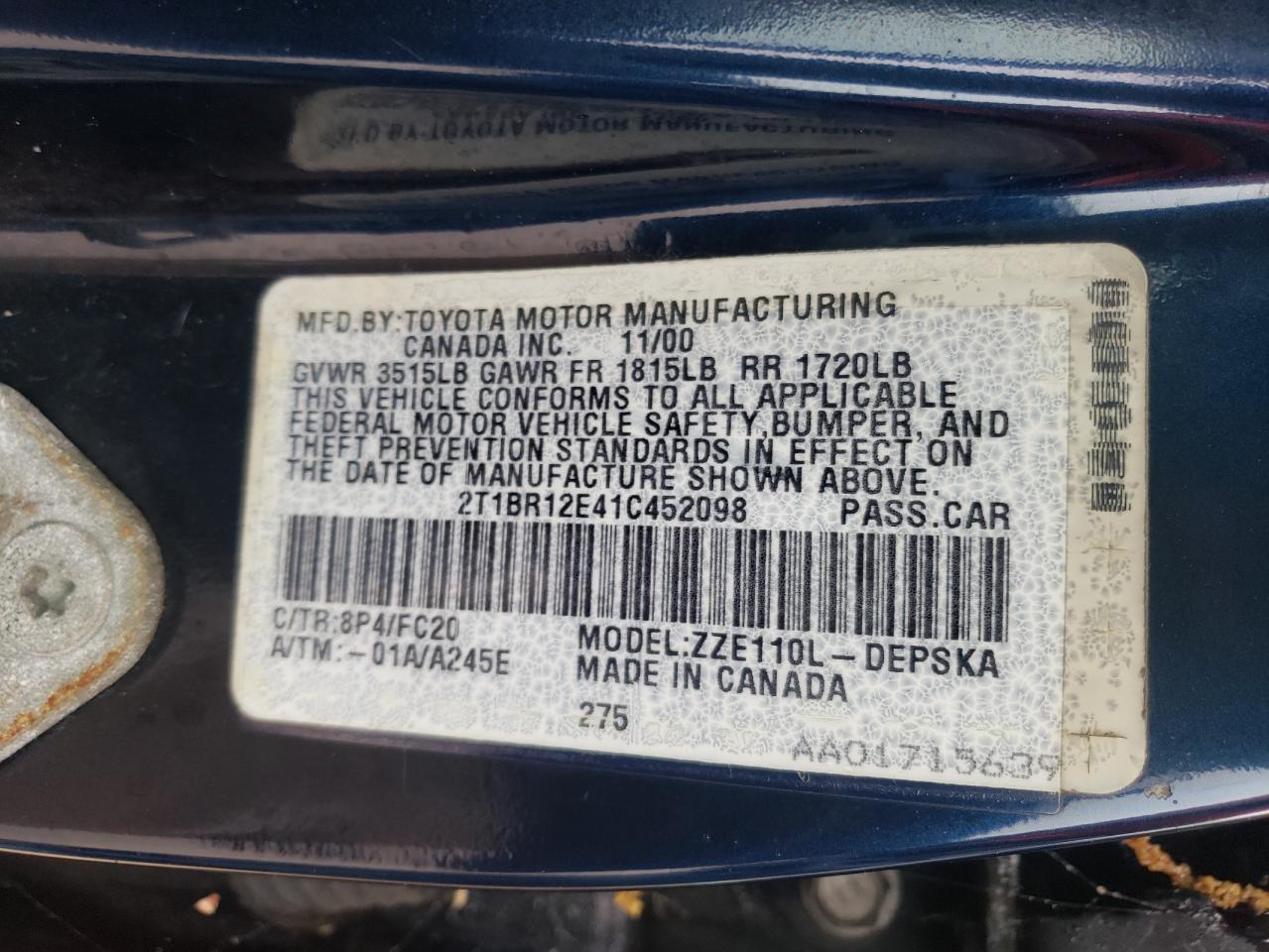 Photo 10 from auction – 2001 TOYOTA COROLLA CE with VIN 2T1BR12E41C452098