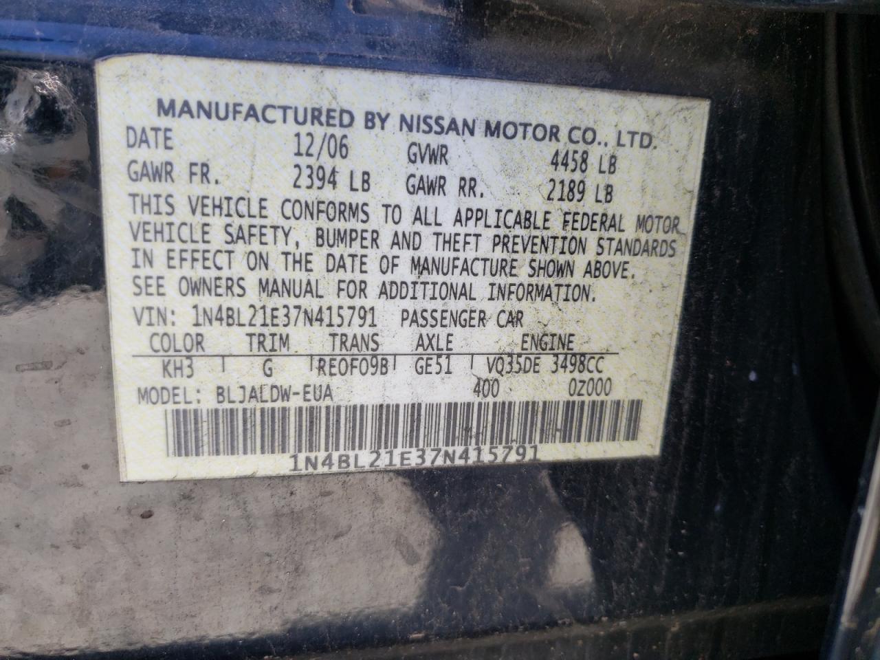 Photo 10 from auction – 2007 NISSAN ALTIMA 3.5 with VIN 1N4BL21E37N415791