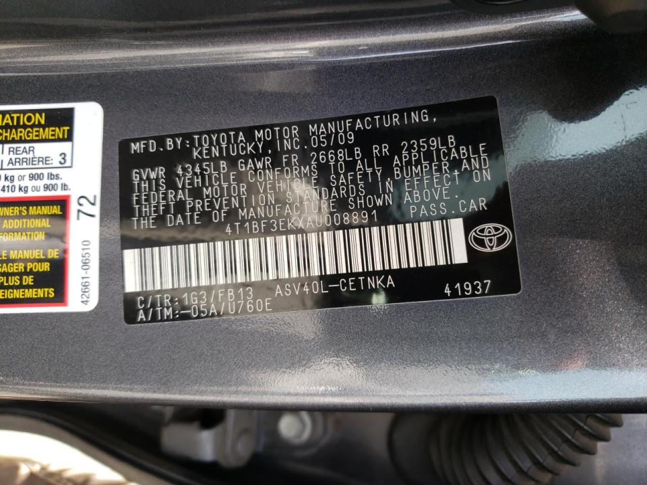 Photo 10 from auction – 2010 TOYOTA CAMRY BASE with VIN 4T1BF3EKXAU008891