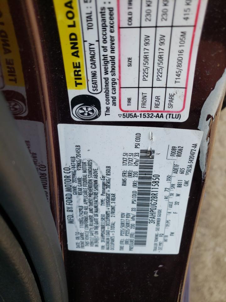 Photo 10 from auction – 2011 FORD FUSION SEL with VIN 3FAHP0JG2BR115850