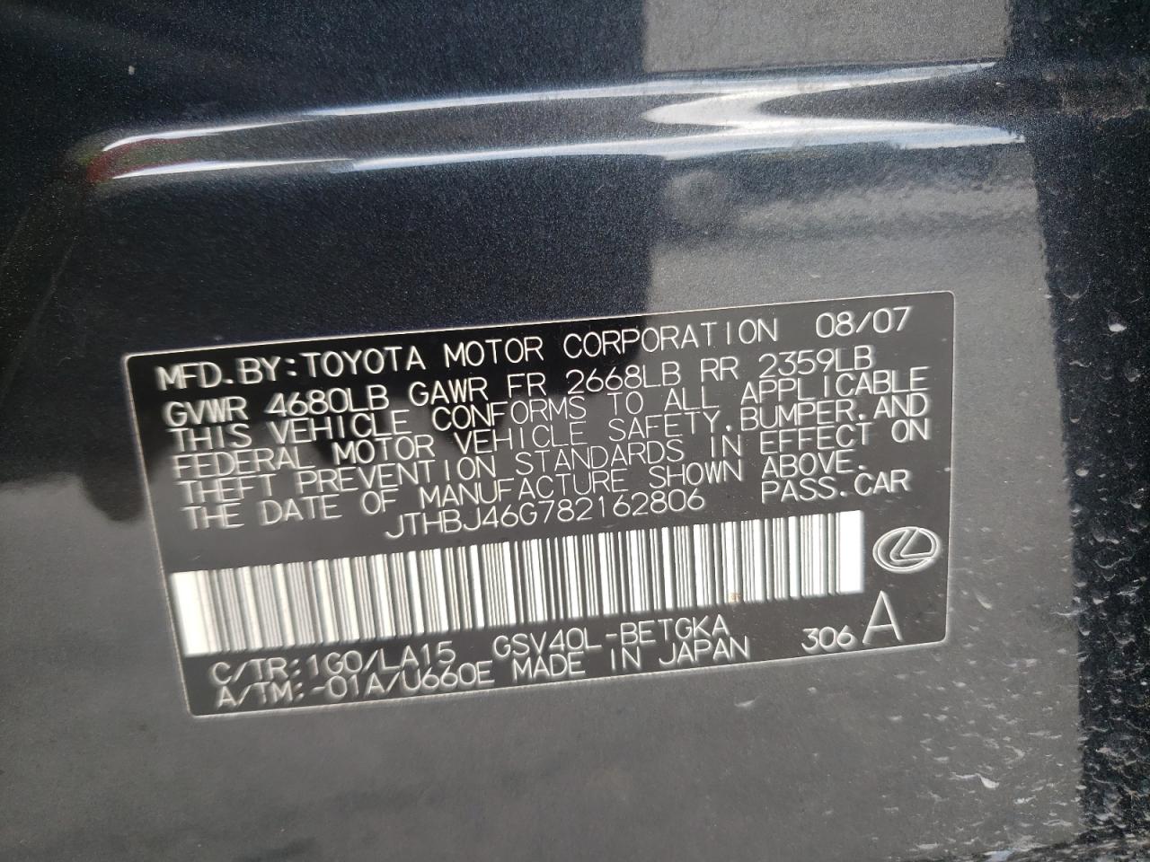 Foto 10 de la subasta – 2008 LEXUS ES 350 con VIN JTHBJ46G782162806