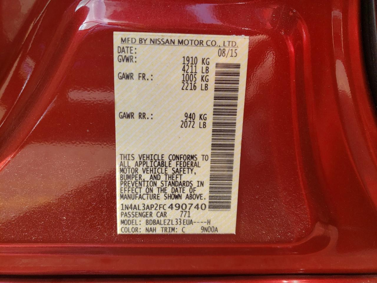 Photo 10 from auction – 2015 NISSAN ALTIMA 2.5 with VIN 1N4AL3AP2FC490740