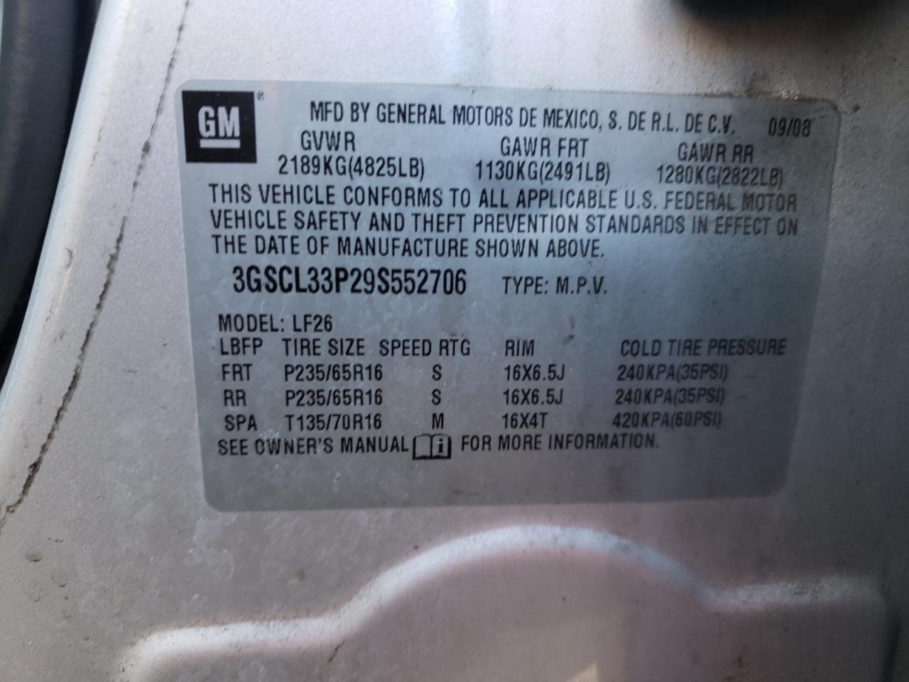 Photo 10 from auction – 2009 SATURN VUE XE with VIN 3GSCL33P29S552706