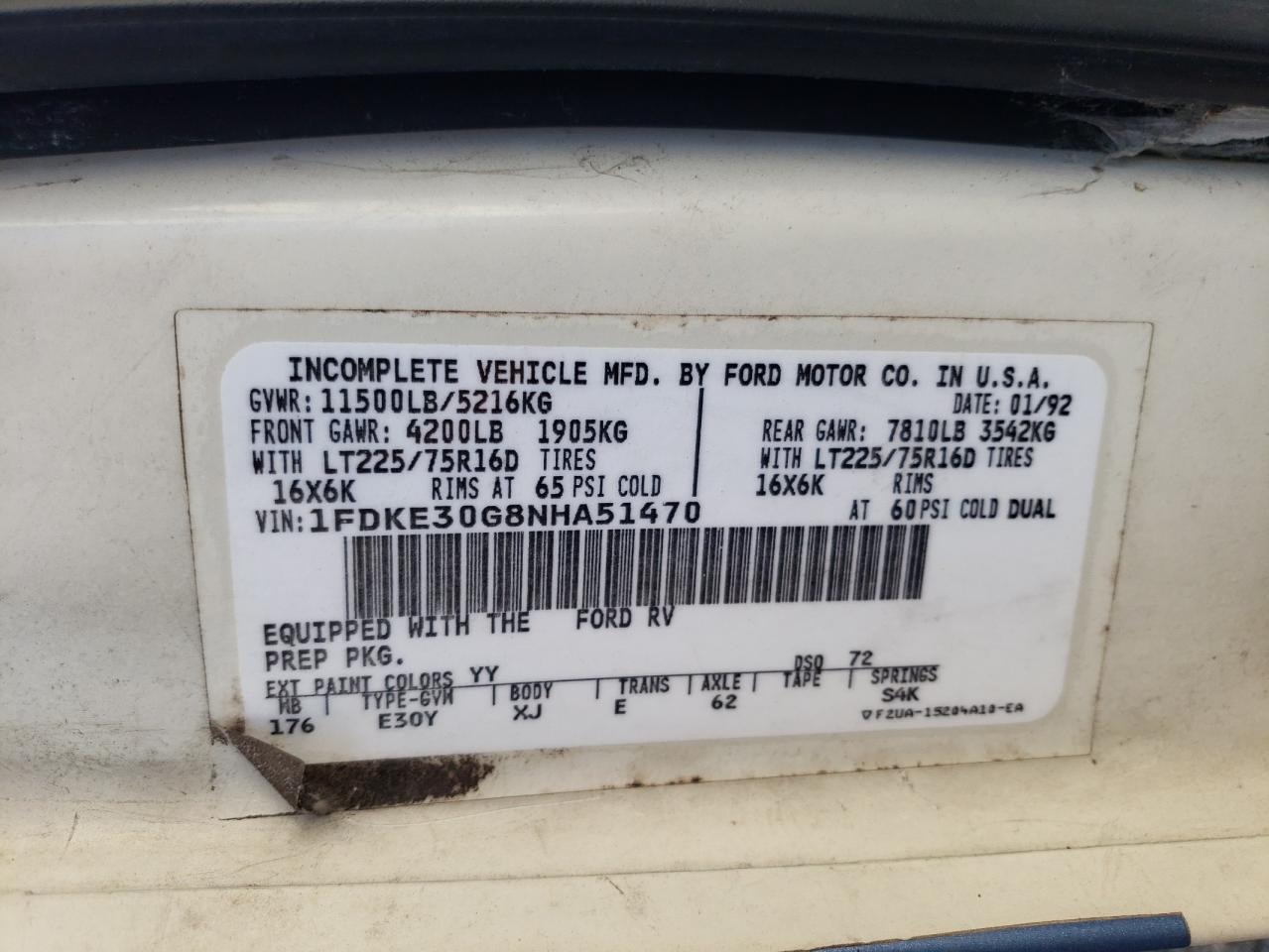 Photo 10 from auction – 1992 FORD ECONOLINE with VIN 1FDKE30G8NHA51470