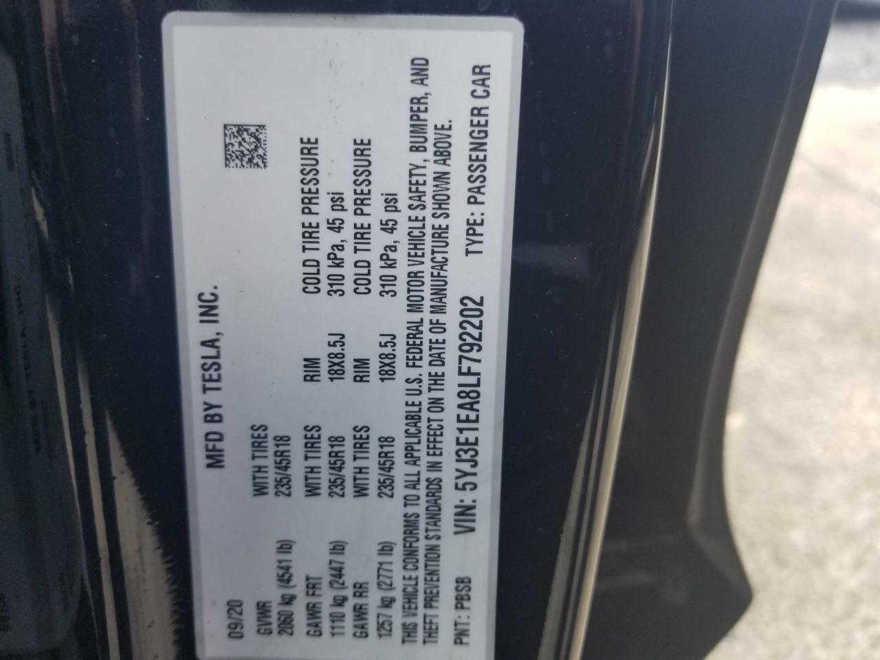 Photo 10 from auction – 2020 TESLA MODEL 3 with VIN 5YJ3E1EA8LF792202