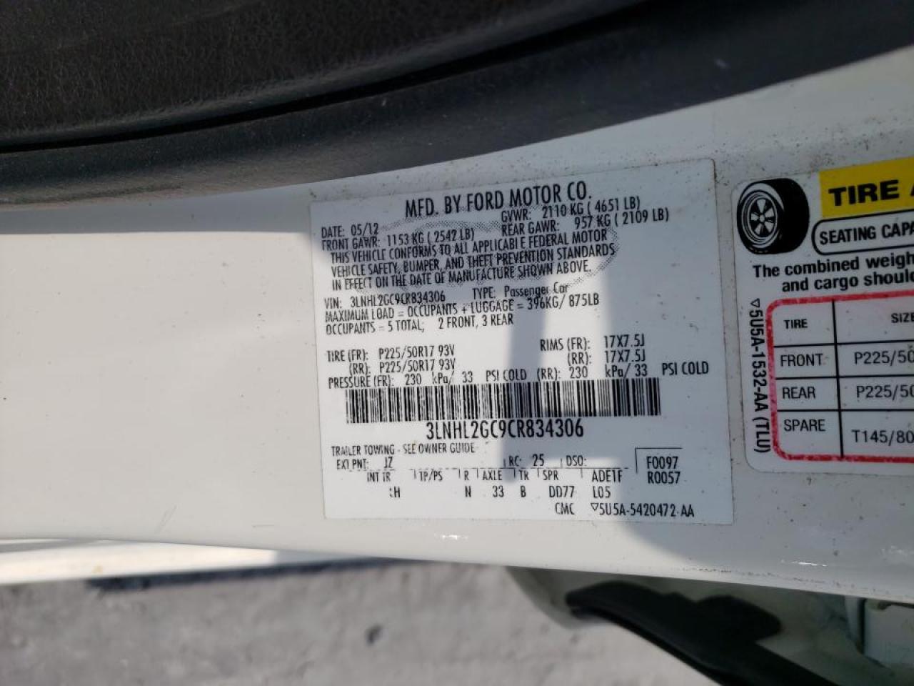 Photo 10 from auction – 2012 LINCOLN MKZ with VIN 3LNHL2GC9CR834306