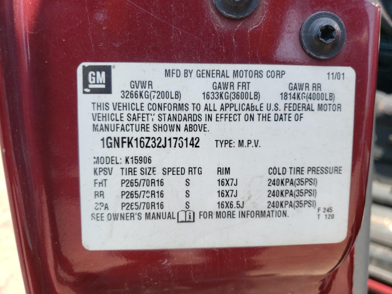 Photo 10 from auction – 2002 CHEVROLET SUBURBAN K with VIN 1GNFK16Z32J176142