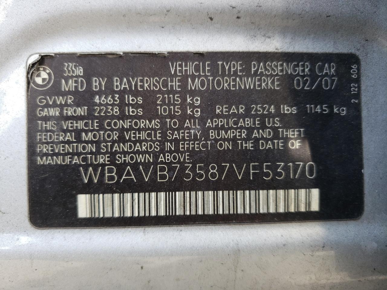 Foto 10 de la subasta – 2007 BMW 335 I con VIN WBAVB73587VF53170