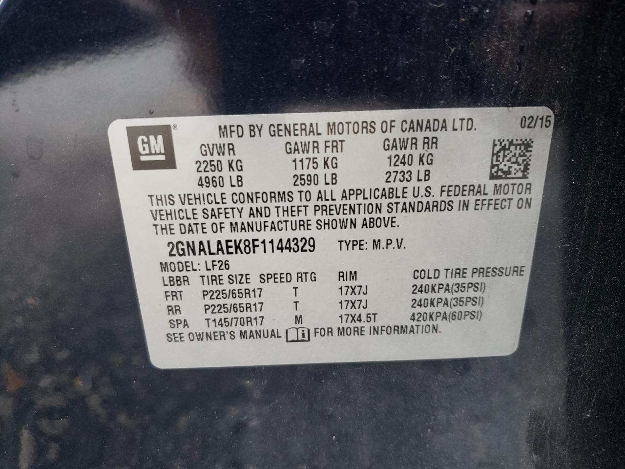 Photo 10 from auction – 2015 CHEVROLET EQUINOX LS with VIN 2GNALAEK8F1144329
