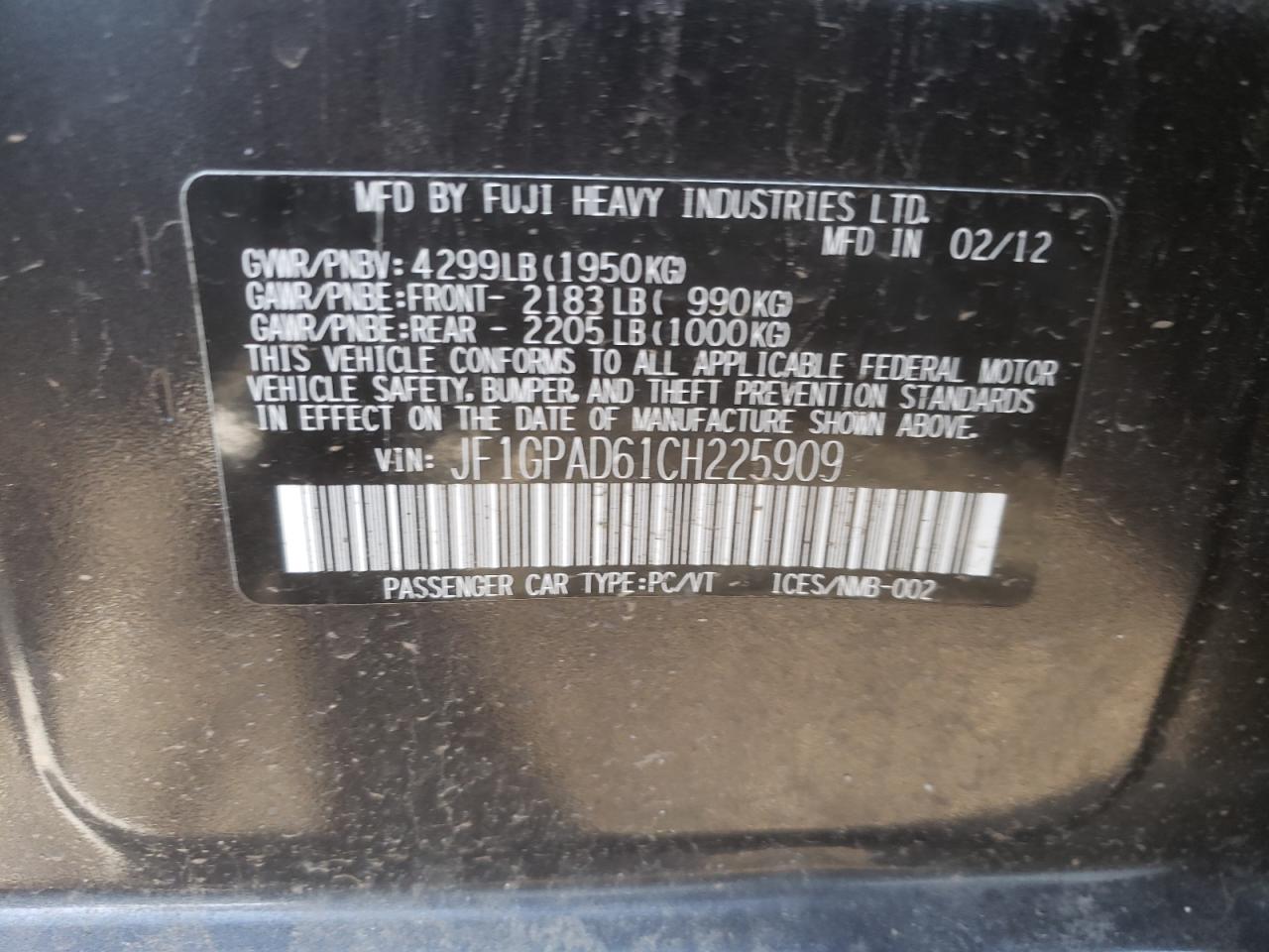 Photo 10 from auction – 2012 SUBARU IMPREZA with VIN JF1GPAD61CH225909