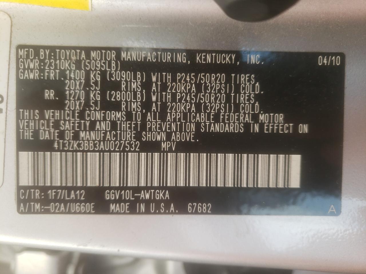 Photo 10 from auction – 2010 TOYOTA VENZA with VIN 4T3ZK3BB3AU027532