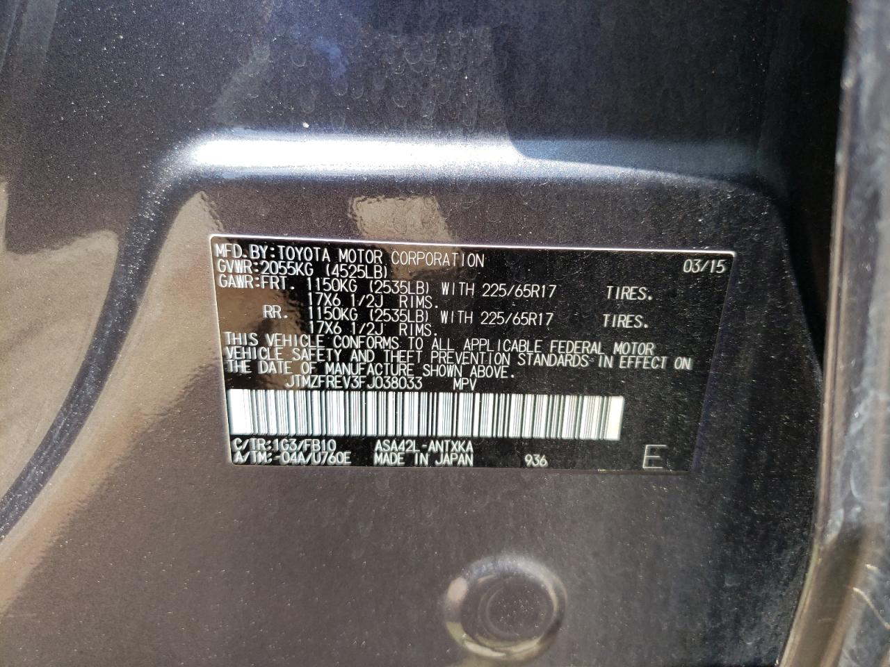 Photo 10 from auction – 2015 TOYOTA RAV4 LE with VIN JTMZFREV3FJ038033