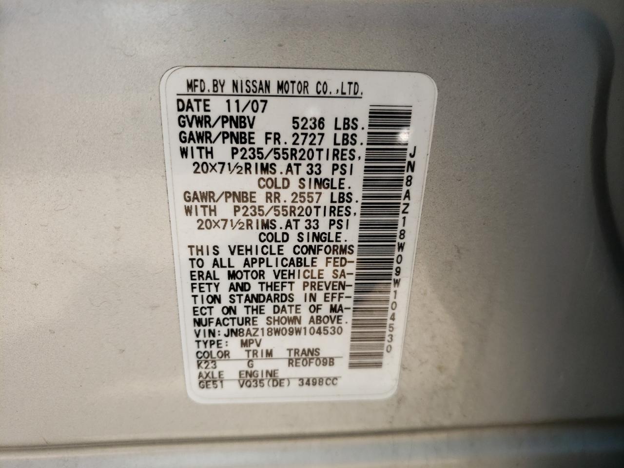 Photo 10 from auction – 2009 NISSAN MURANO S with VIN JN8AZ18W09W104530