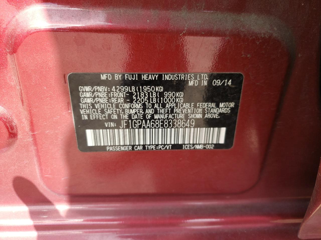 Photo 10 from auction – 2014 SUBARU IMPREZA with VIN JF1GPAA68E8338649