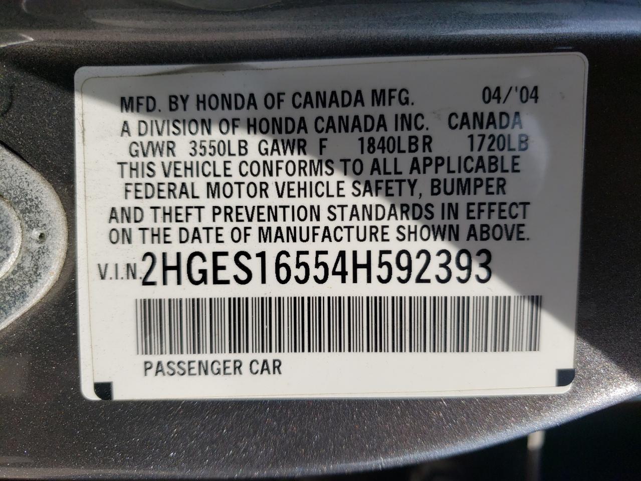 Photo 10 from auction – 2004 HONDA CIVIC LX with VIN 2HGES16554H592393