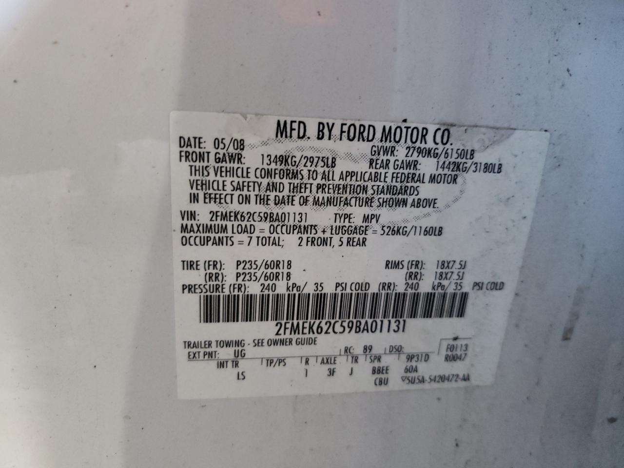 Photo 10 from auction – 2009 FORD FLEX SEL with VIN 2FMEK62C59BA01131