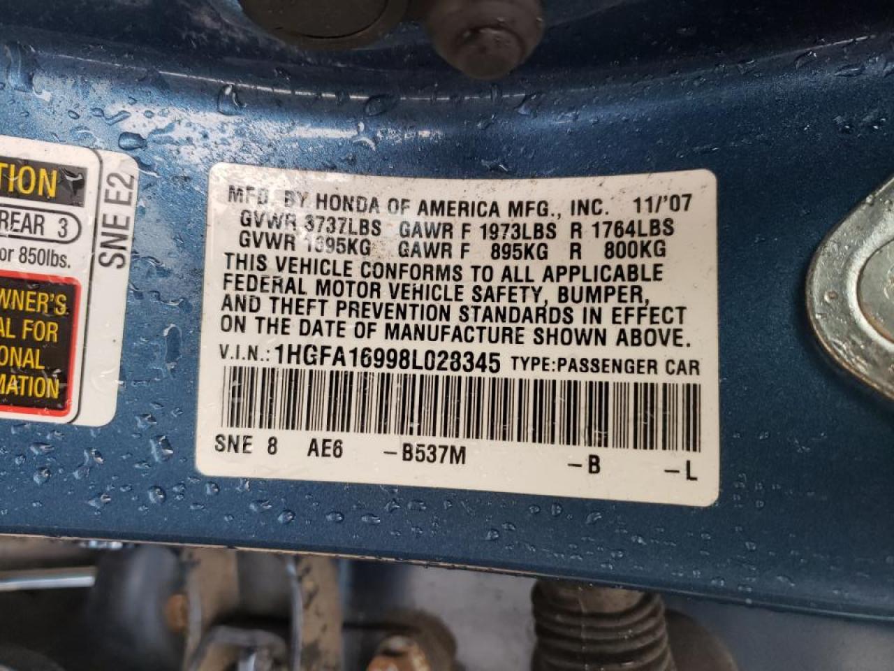 Photo 10 from auction – 2008 HONDA CIVIC EXL with VIN 1HGFA16998L028345
