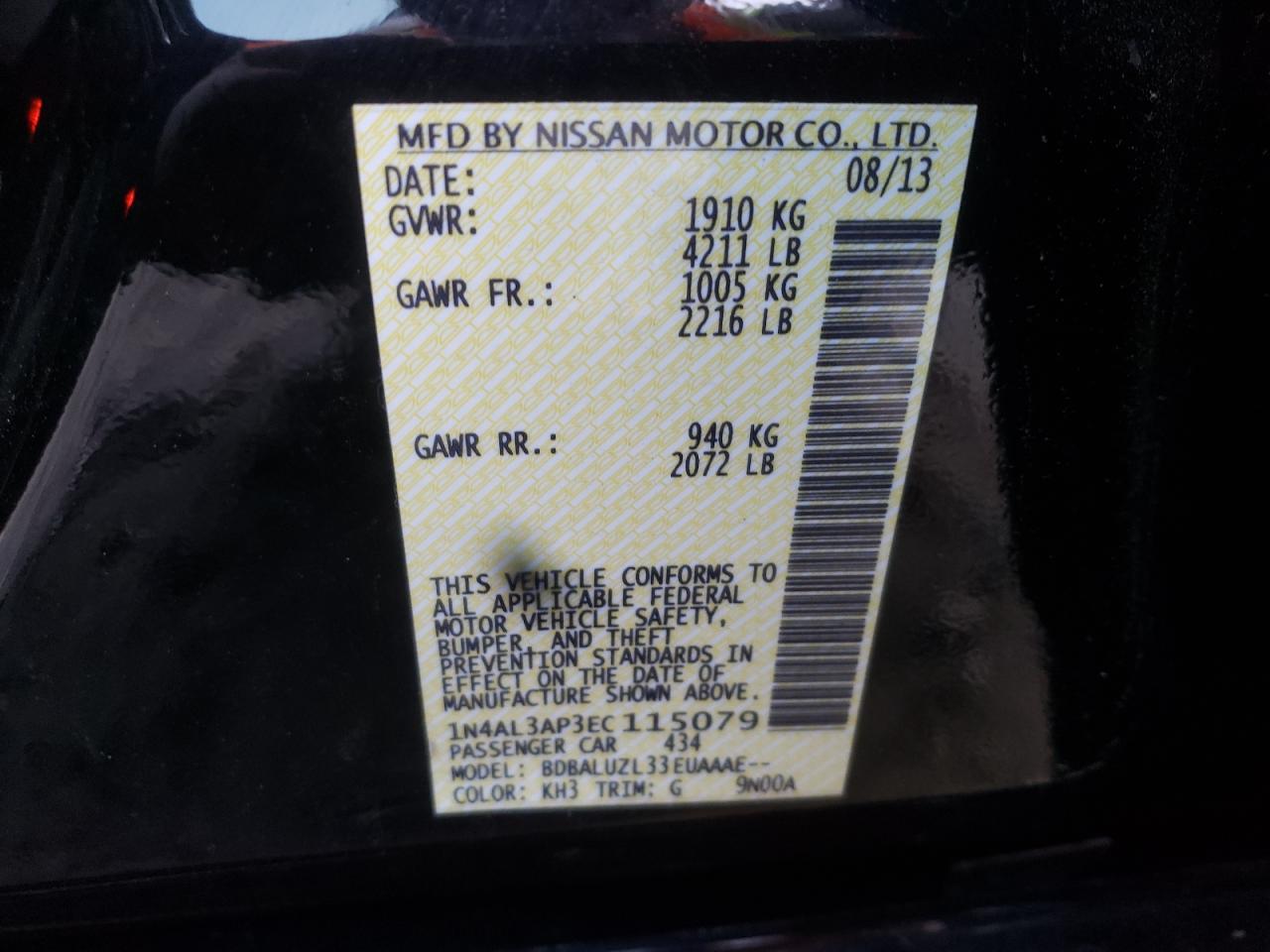 Photo 10 from auction – 2014 NISSAN ALTIMA 2.5 with VIN 1N4AL3AP3EC115079