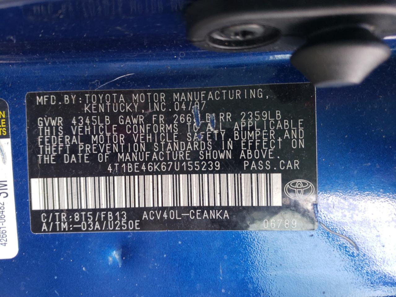 Photo 10 from auction – 2007 TOYOTA CAMRY CE with VIN 4T1BE46K67U155239