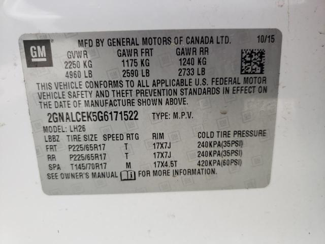 Photo 10 from auction – 2016 CHEVROLET EQUINOX LT with VIN 2GNALCEK5G6171522