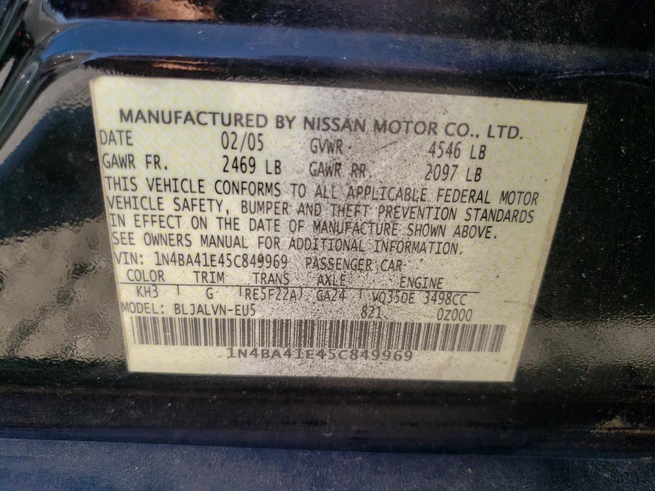 Foto 10 de la subasta – 2005 NISSAN MAXIMA SL con VIN 1N4BA41E45C849969
