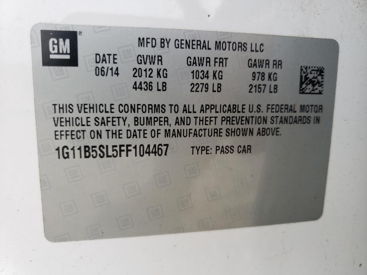 Photo 10 from auction – 2015 CHEVROLET MALIBU LS with VIN 1G11B5SL5FF104467