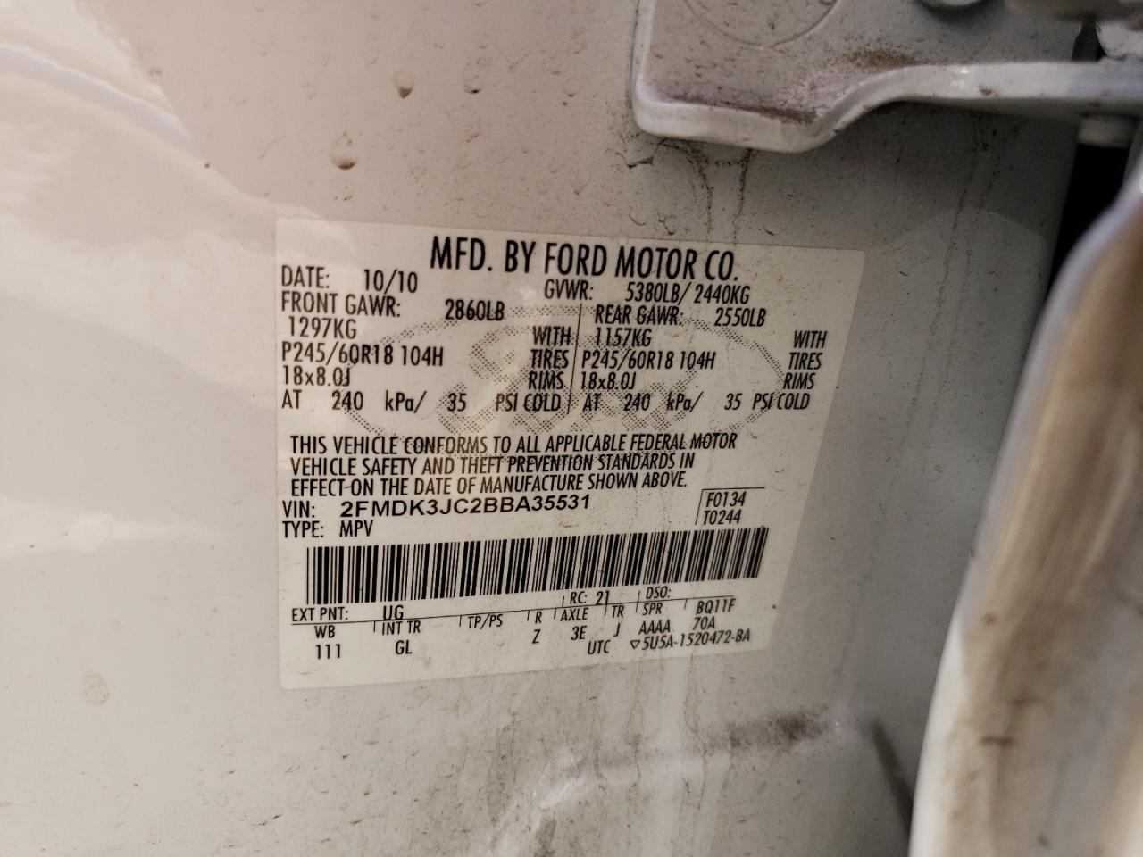 Photo 10 from auction – 2011 FORD EDGE SEL with VIN 2FMDK3JC2BBA35531