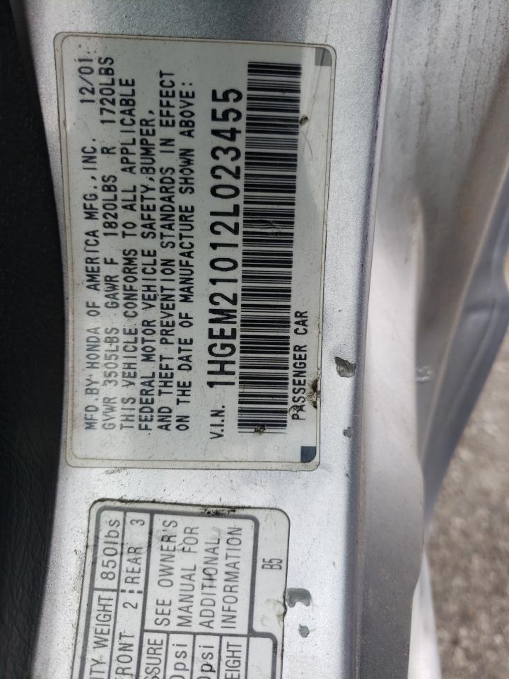 Photo 10 from auction – 2002 HONDA CIVIC EX with VIN 1HGEM21012L023455
