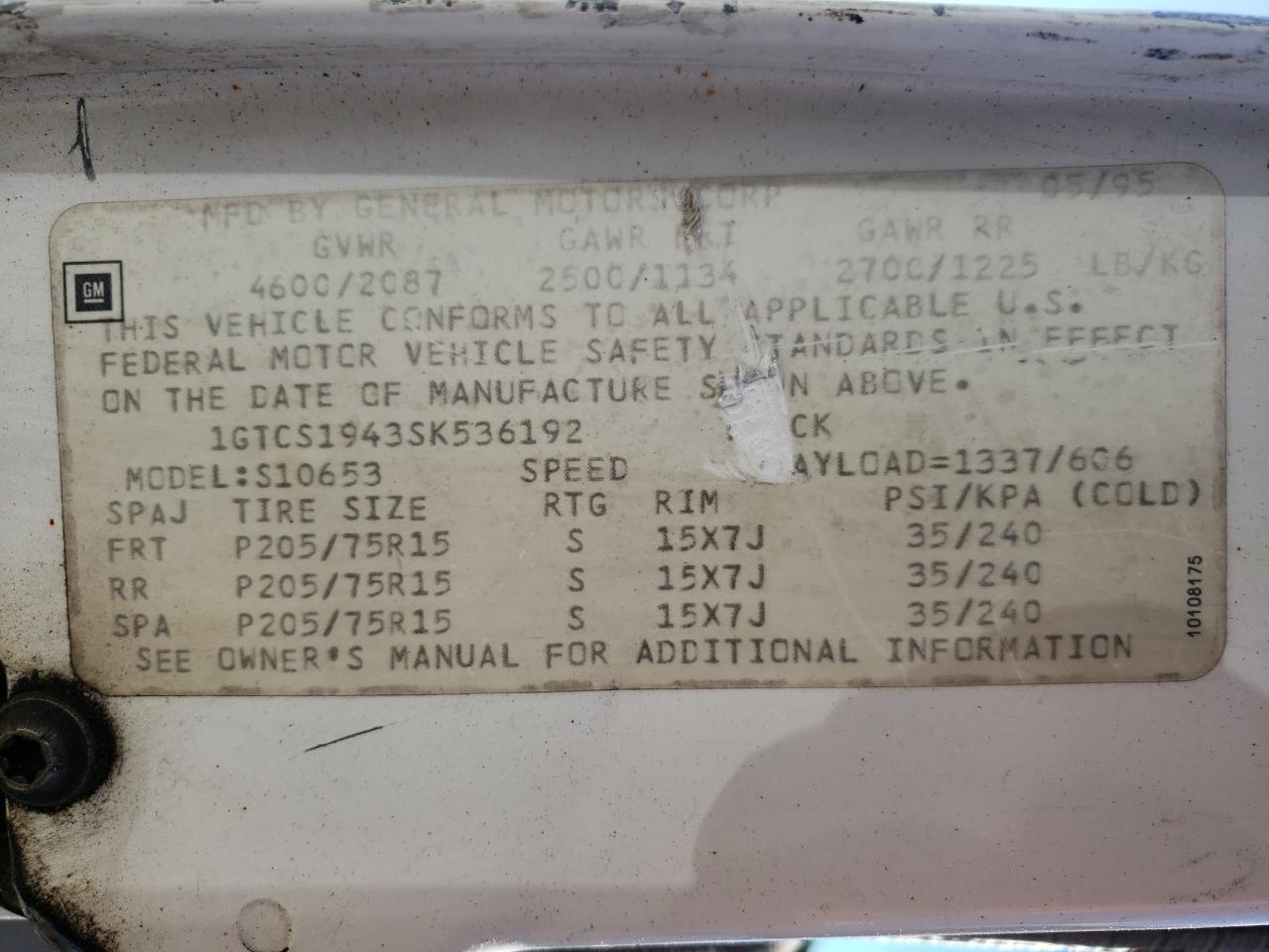 Photo 10 from auction – 1995 GMC SONOMA with VIN 1GTCS1943SK536192