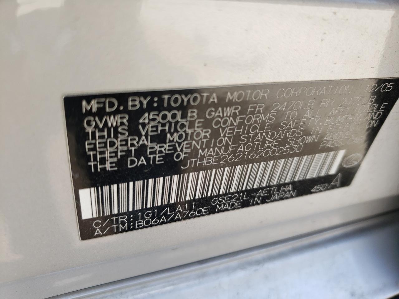 Photo 10 from auction – 2006 LEXUS IS 350 with VIN JTHBE262162002530
