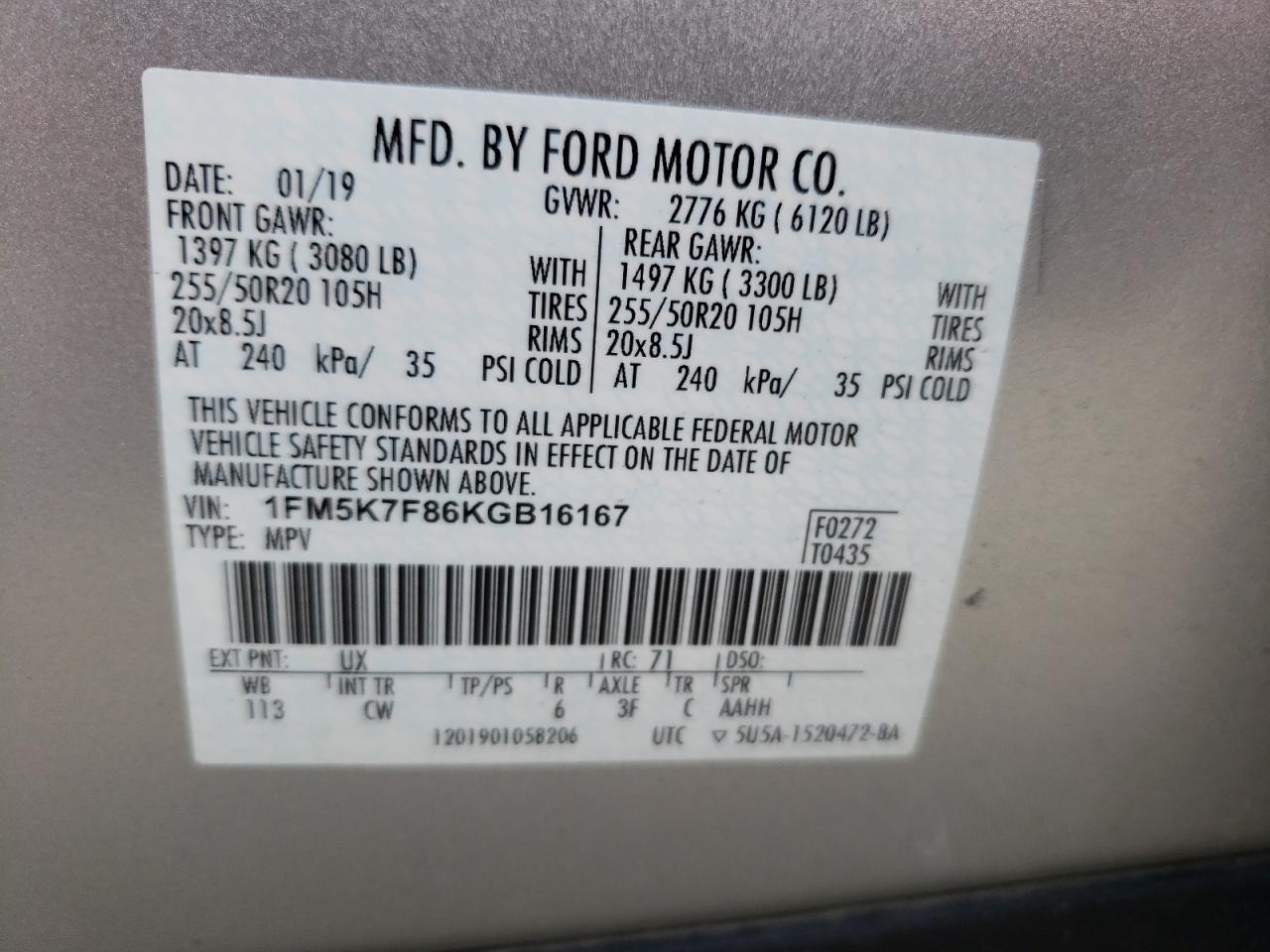 Photo 10 from auction – 2019 FORD EXPLORER L with VIN 1FM5K7F86KGB16167