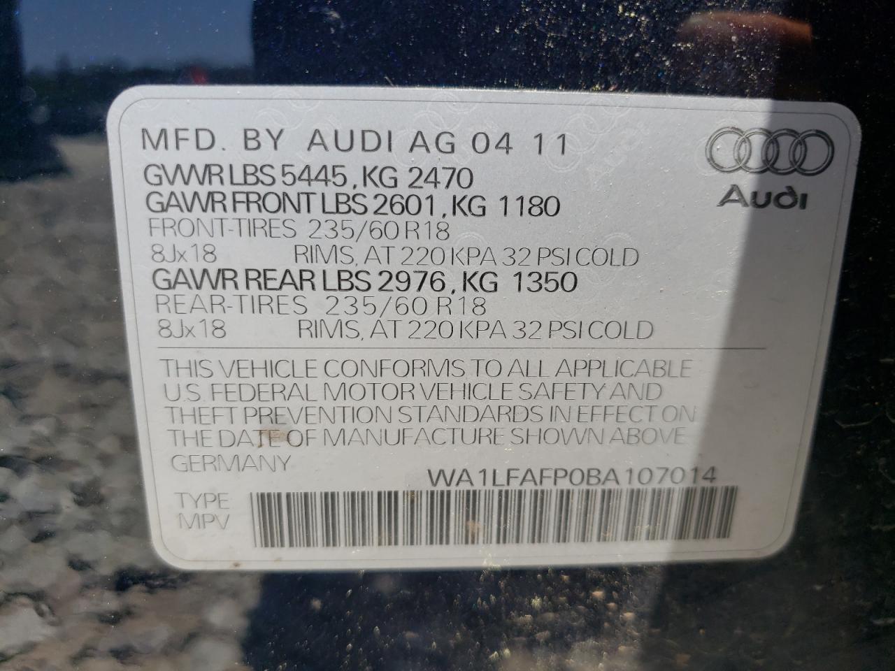 صورة رقم 10 من المزاد - 2011 AUDI Q5 PREMIUM مع VIN WA1LFAFP0BA107014