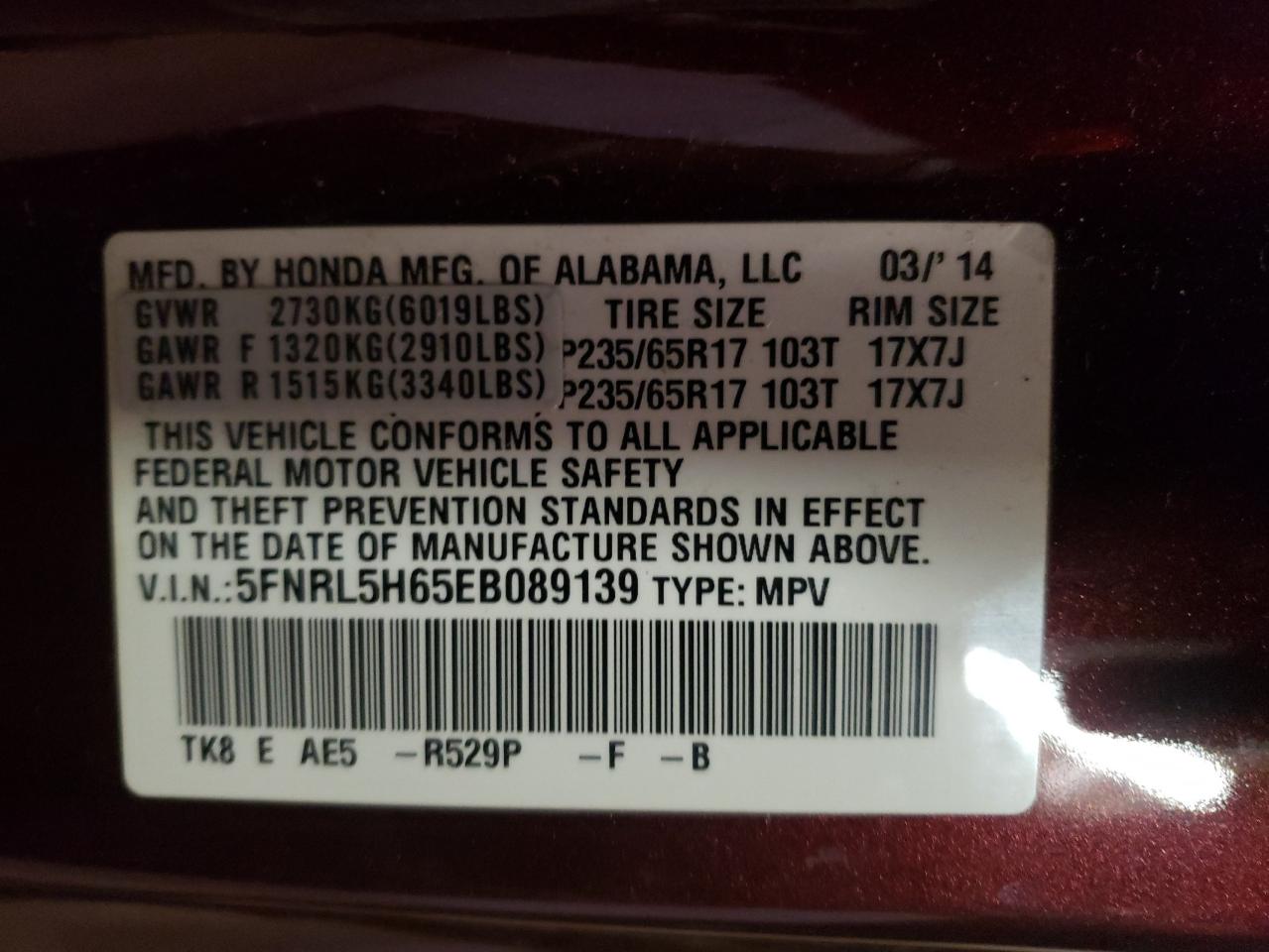 Photo 10 from auction – 2014 HONDA ODYSSEY EX with VIN 5FNRL5H65EB089139