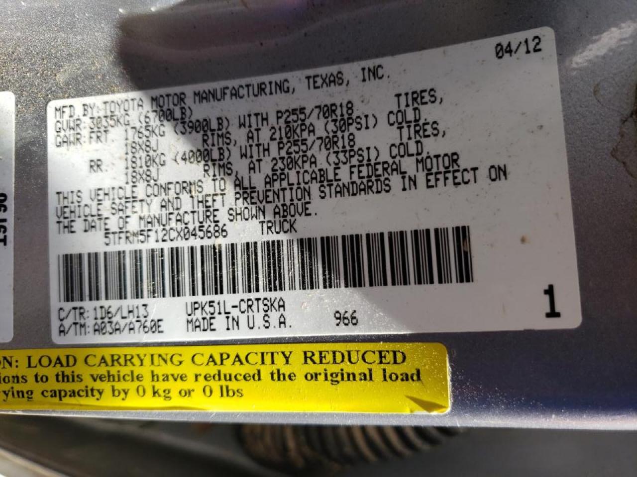 Photo 10 from auction – 2012 TOYOTA TUNDRA DOU with VIN 5TFRM5F12CX045686