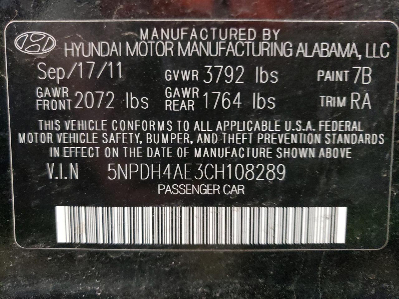 Photo 10 from auction – 2012 HYUNDAI ELANTRA GL with VIN 5NPDH4AE3CH108289