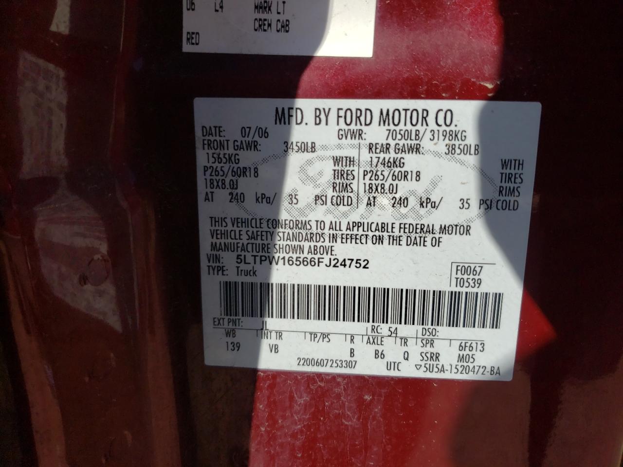 Photo 10 from auction – 2006 LINCOLN MARK LT with VIN 5LTPW16566FJ24752