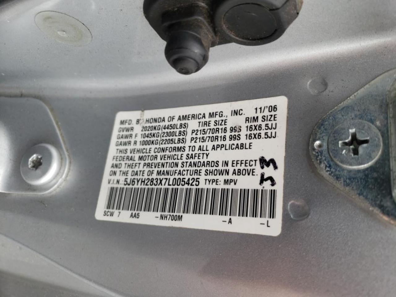 Photo 10 from auction – 2007 HONDA ELEMENT LX with VIN 5J6YH283X7L005425