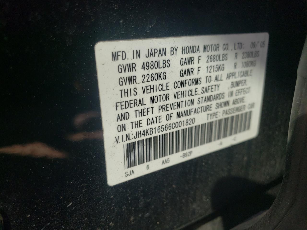 Photo 10 from auction – 2006 ACURA RL with VIN JH4KB16566C001820