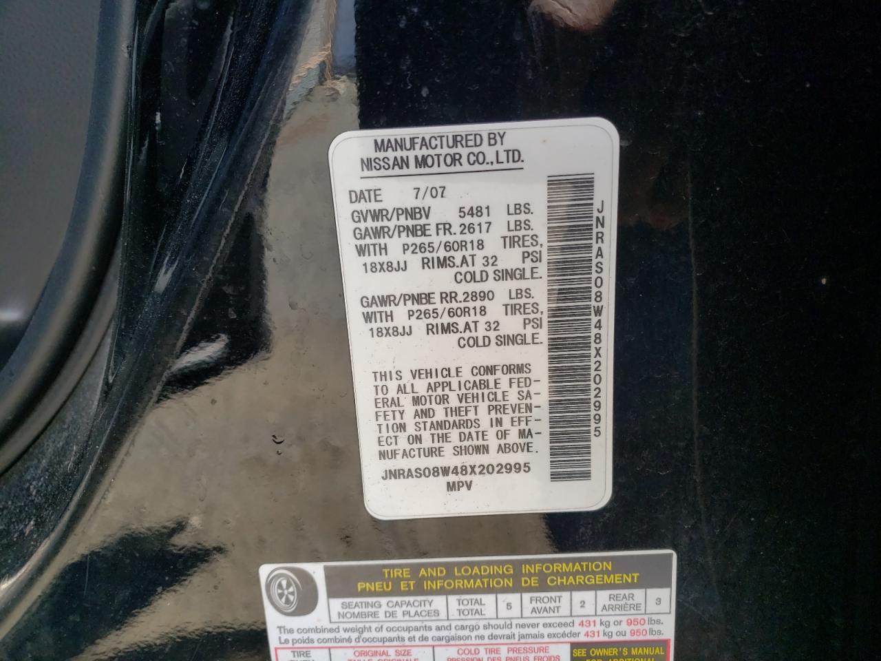 Photo 10 from auction – 2008 INFINITI FX35 with VIN JNRAS08W48X202995