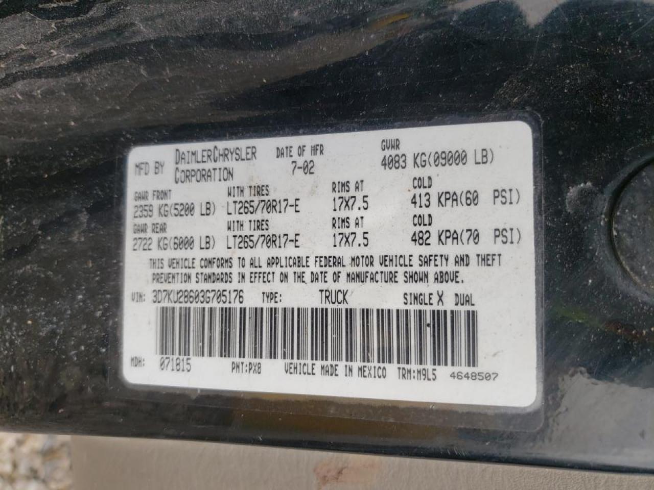 Photo 10 from auction – 2003 DODGE RAM 2500 S with VIN 3D7KU28603G705176