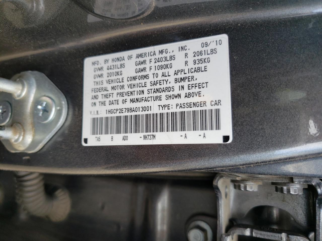 Photo 11 from auction – 2011 HONDA ACCORD EX with VIN 1HGCP2E79BA013001