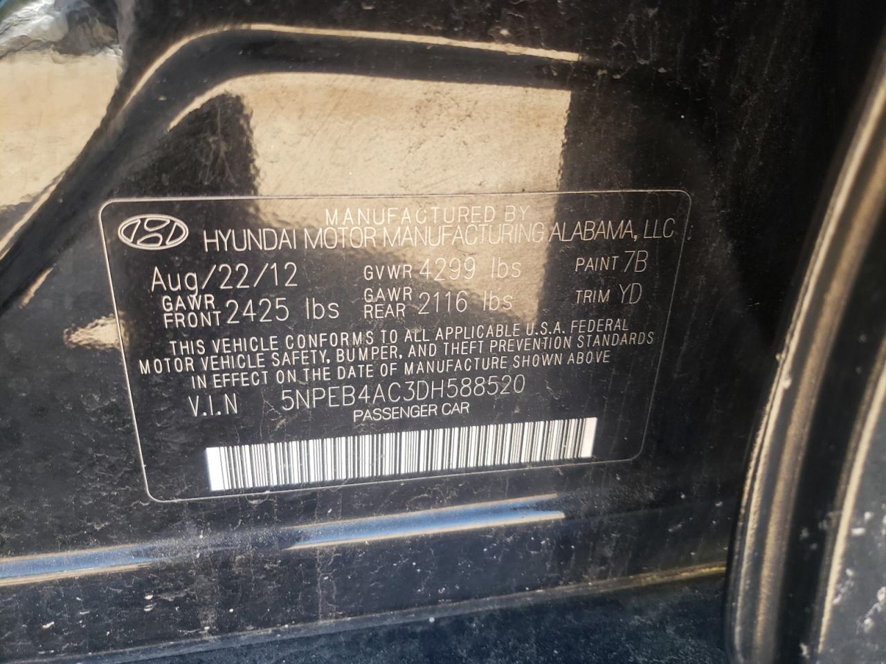 Photo 10 from auction – 2013 HYUNDAI SONATA GLS with VIN 5NPEB4AC3DH588520