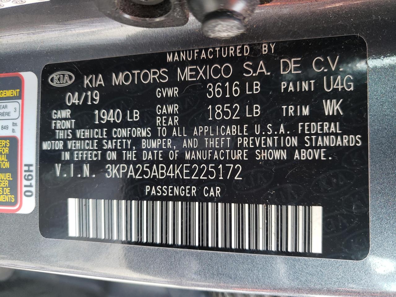 Photo 10 from auction – 2019 KIA RIO S with VIN 3KPA25AB4KE225172