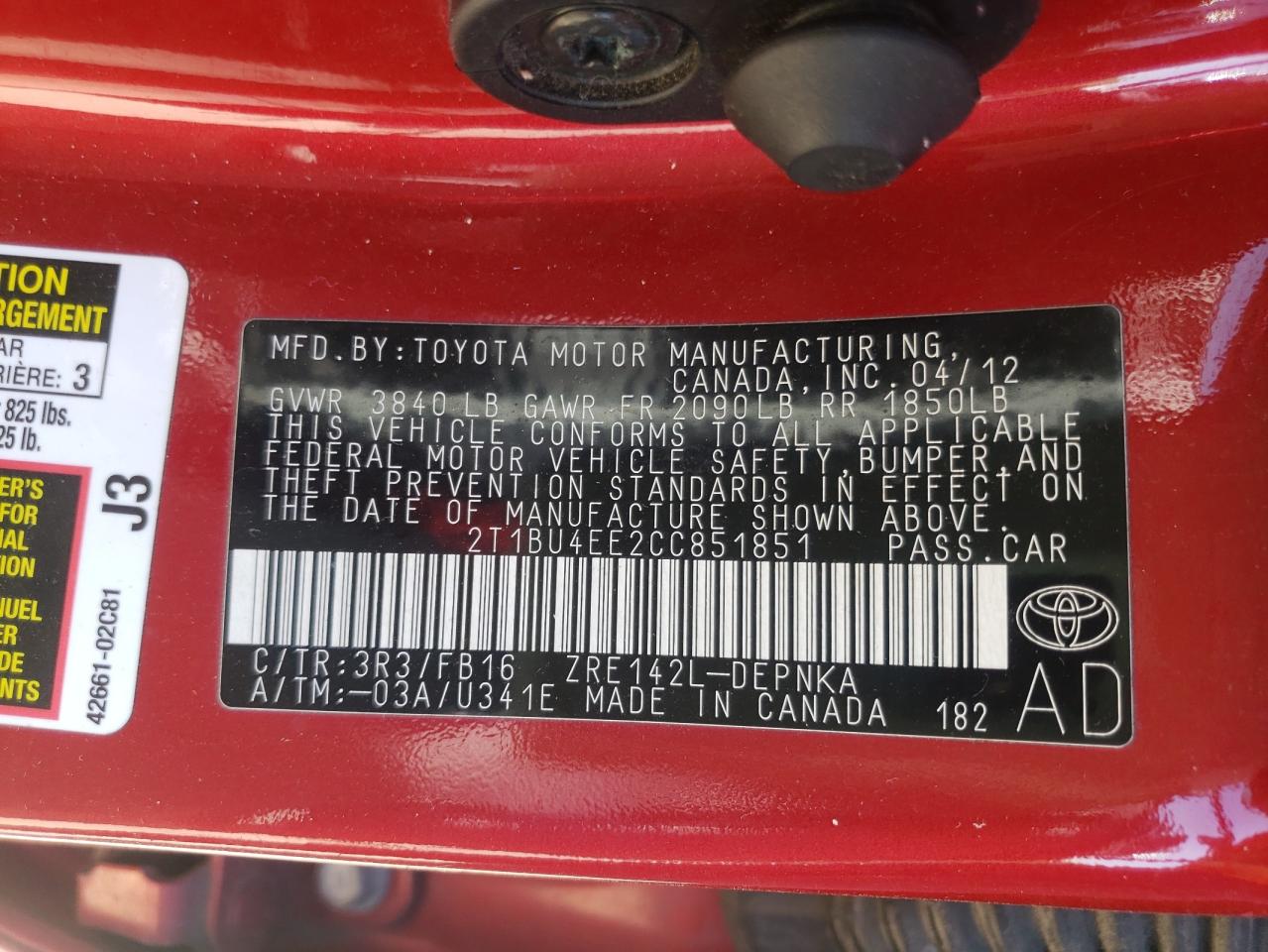 Photo 10 from auction – 2012 TOYOTA COROLLA BA with VIN 2T1BU4EE2CC851851