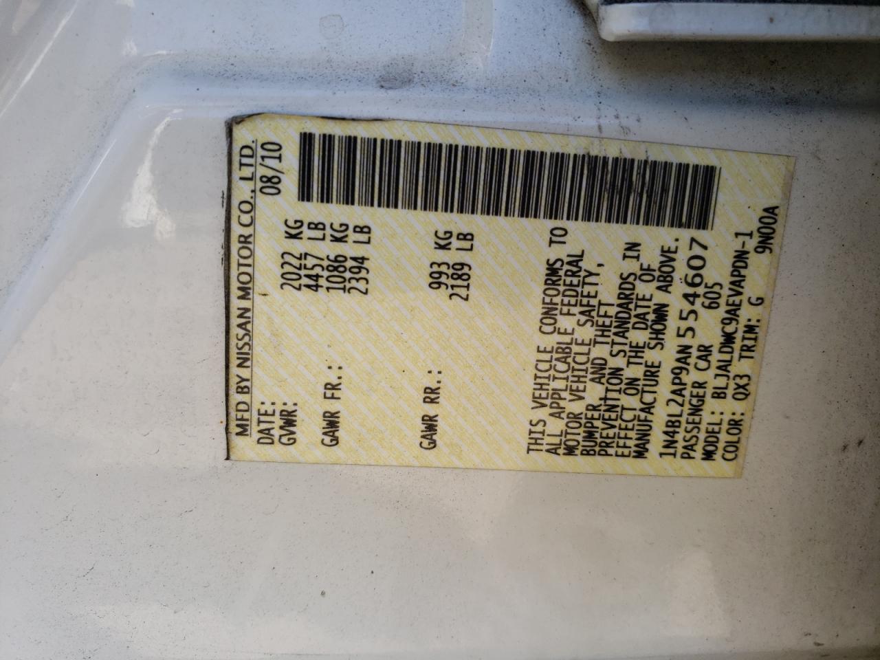 Photo 10 from auction – 2010 NISSAN ALTIMA SR with VIN 1N4BL2AP9AN554607