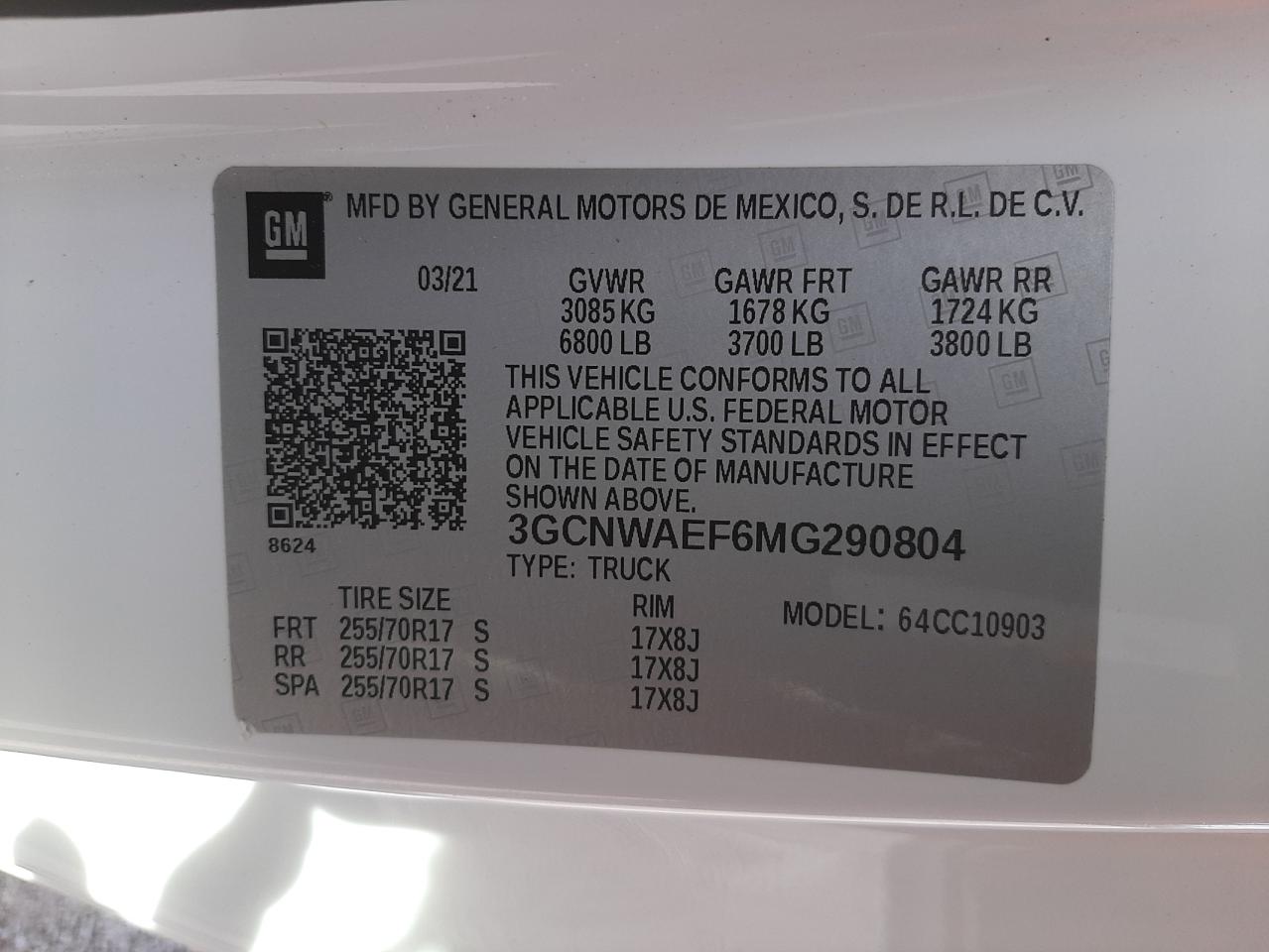Photo 10 from auction – 2021 CHEVROLET SILVERADO with VIN 3GCNWAEF6MG290804