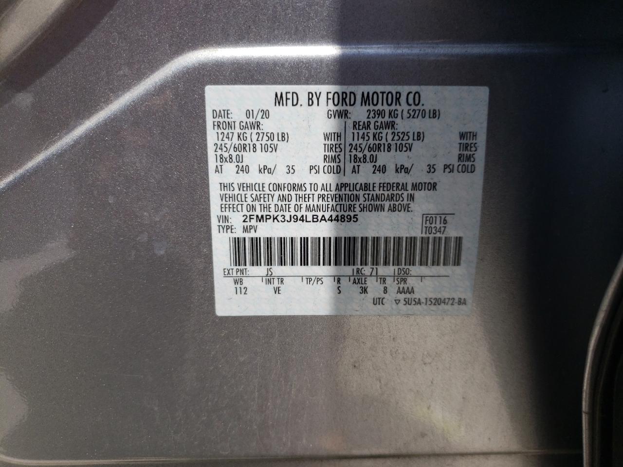 Photo 10 from auction – 2020 FORD EDGE SEL with VIN 2FMPK3J94LBA44895
