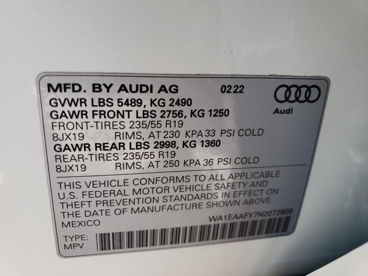 Photo 10 from auction – 2022 AUDI Q5 with VIN WA1EAAFY7N2072809