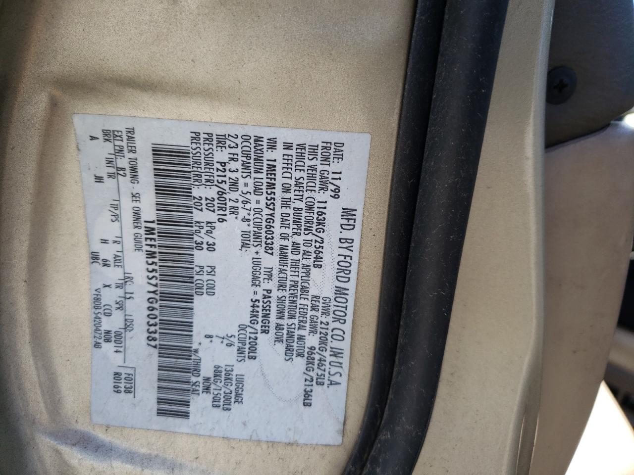 Photo 10 from auction – 2000 MERCURY SABLE LS P with VIN 1MEFM55S7YG603387